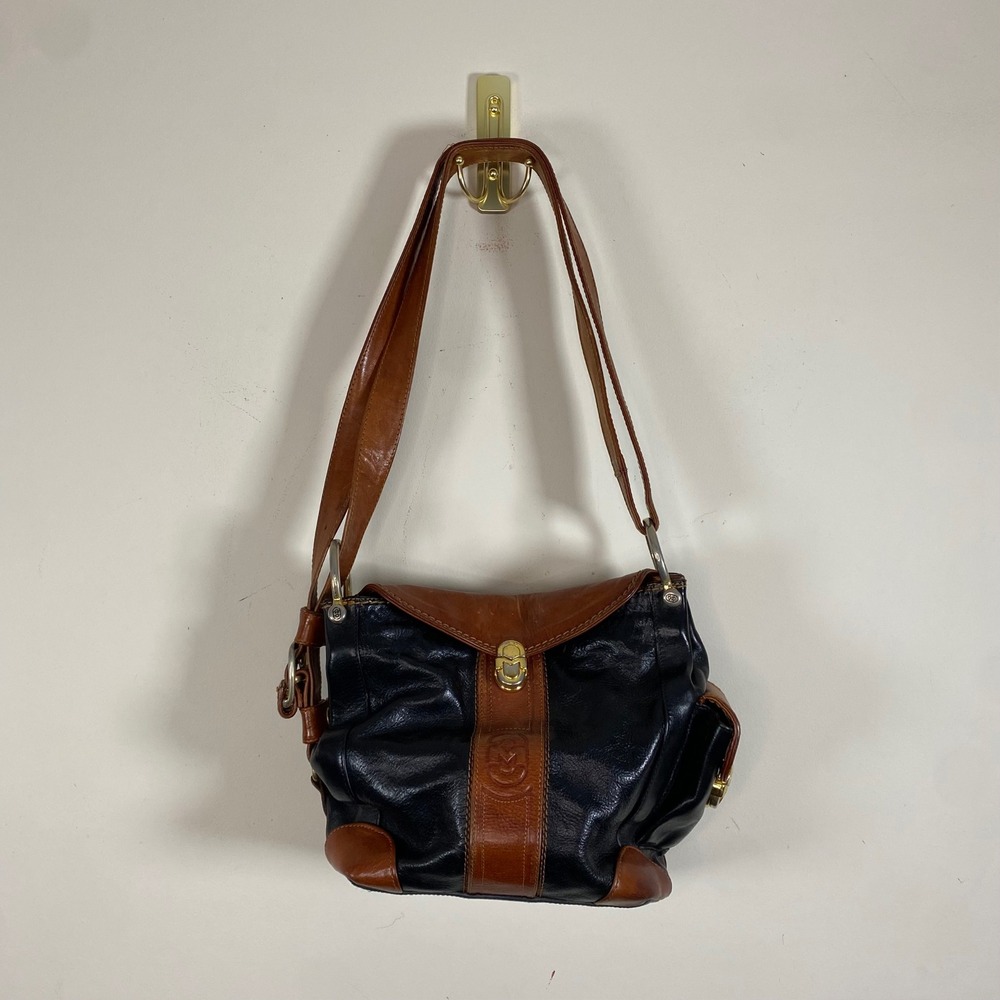 Marino Orlandi Italy Leather Shoulder Bag Camel‎ Black Bucket Hobo Slouchy Purse